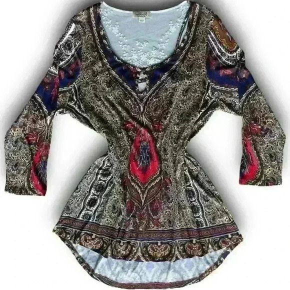 Y2K Boho Paisley Blouse Lace Back Multicolor Scoop Neck‎ Tunic Long Sleeve Top L - Picture 1 of 6